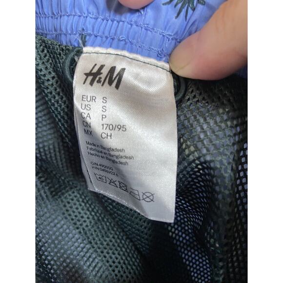 H&M Men's‎ Swim Shorts Sz M Light Blue Palm Tree Drawstring Elastic Waist Lined - Picture 5 of 6